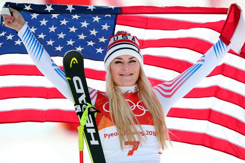 PYEONGCHANG-GUN, SOUTH KOREA - FEBRUARY 21: Bronze medallist Lindsey Vonn of the United States celebrates during the victory ceremony for the Ladies' Downhill on day 12 of the PyeongChang 2018 Winter Olympic Games at Jeongseon Alpine Centre on February 21, 2018 in Pyeongchang-gun, South Korea. (Photo by Tom Pennington/Getty Images)